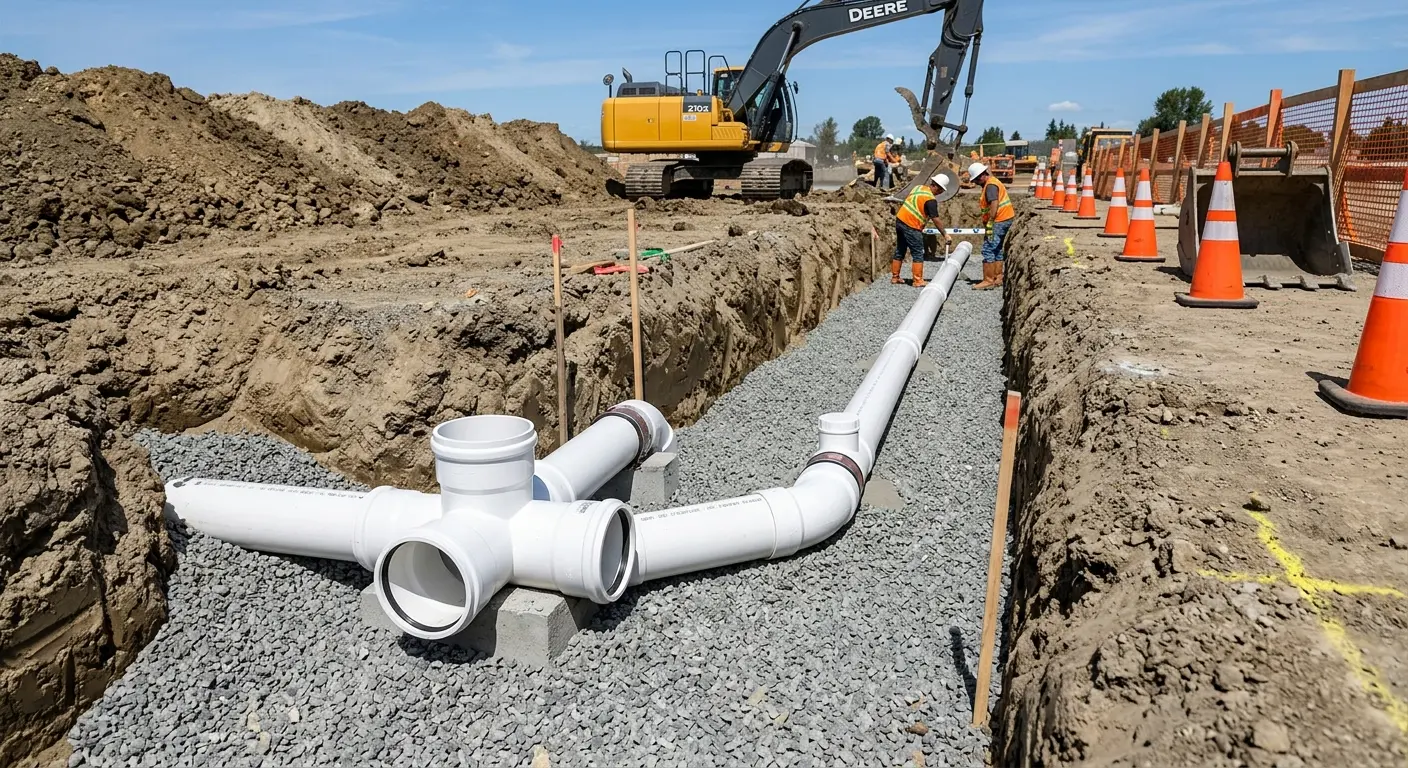 New PVC sewer pipe installation in open trench for Commercial Drain Cleaning in Enoch