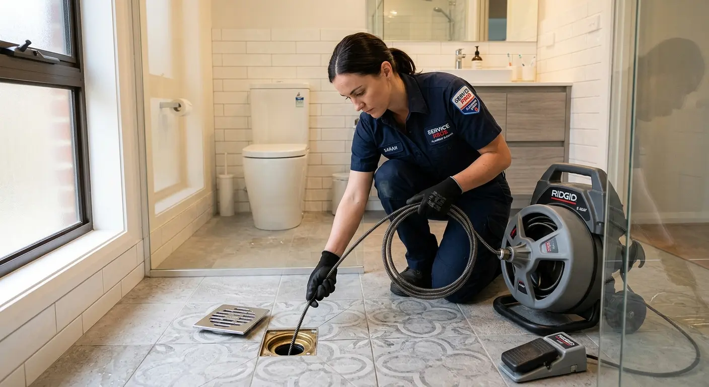 Technician clearing a bathroom floor drain for Sewer Line Replacement in Enoch